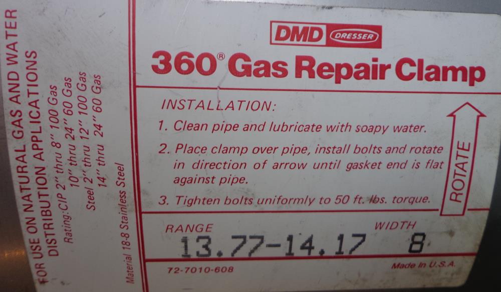 DMD DRESSER 360 GAS REPAIR CLAMP 8" WIDTH, 13.77 - 14.17 RANGE